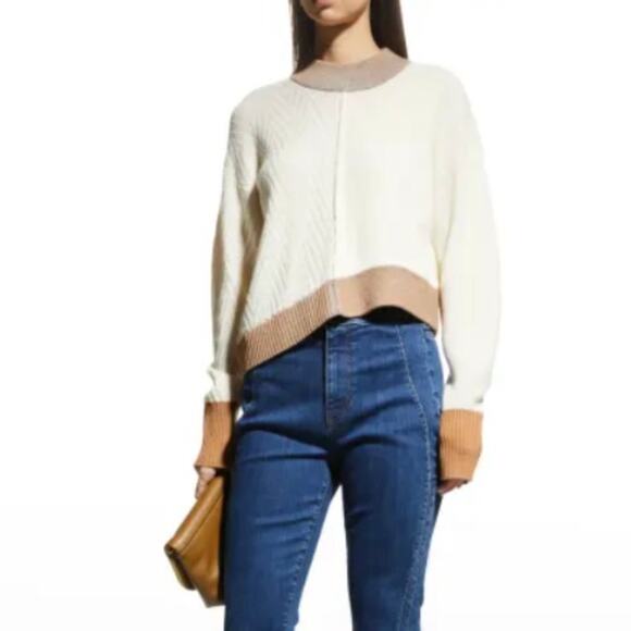 Veronica Beard Detti Sweater Women SZ S Ribbed Asymmetric Hem Merino Wool Cream - Picture 1 of 11